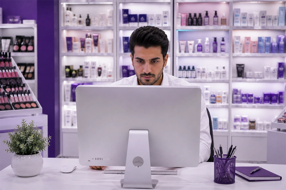 مدیر فروشگاه آرایشی و بهداشتی در حال بررسی گزارش فروش با رایانه