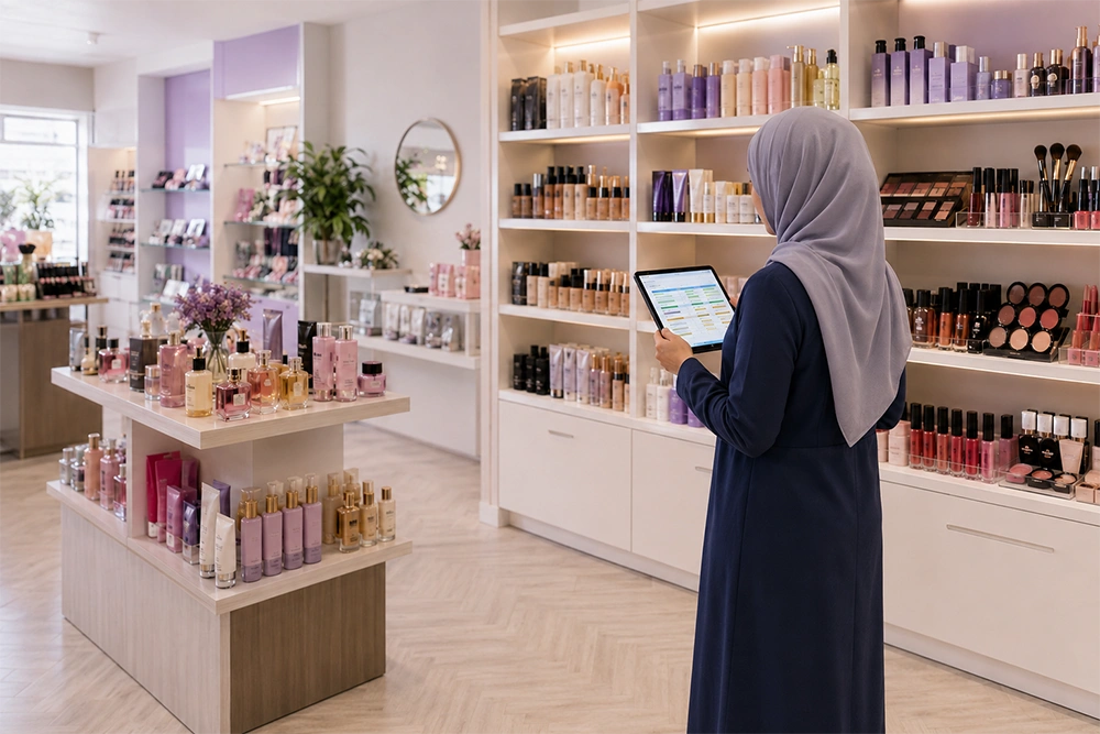 مدیر فروشگاه آرایشی و بهداشتی در حال بررسی موجودی محصولات با تبلت