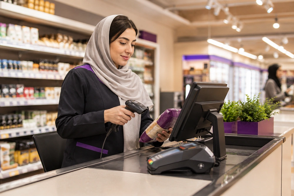 صندوقدار در حال فروش کالا با بارکدخوان و دستگاه کارتخوان